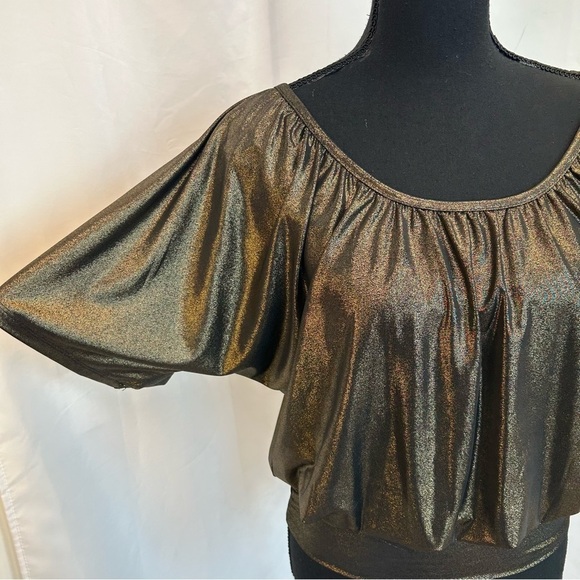 SEDUCTION metallic gold short sleeve ruched crisscross back blouse Sz S - Picture 5 of 10